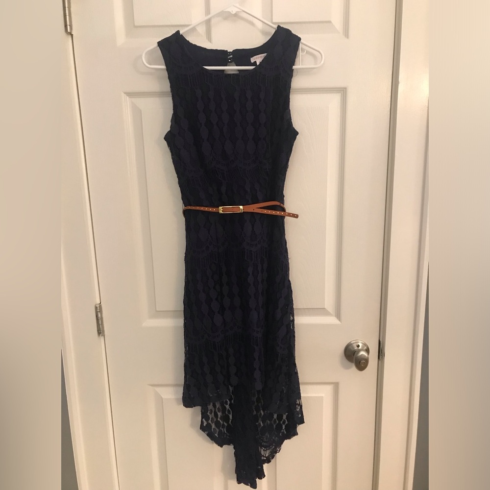 Xilhiration High/Low Navy Blue Crochet Lace Dress, Size Small